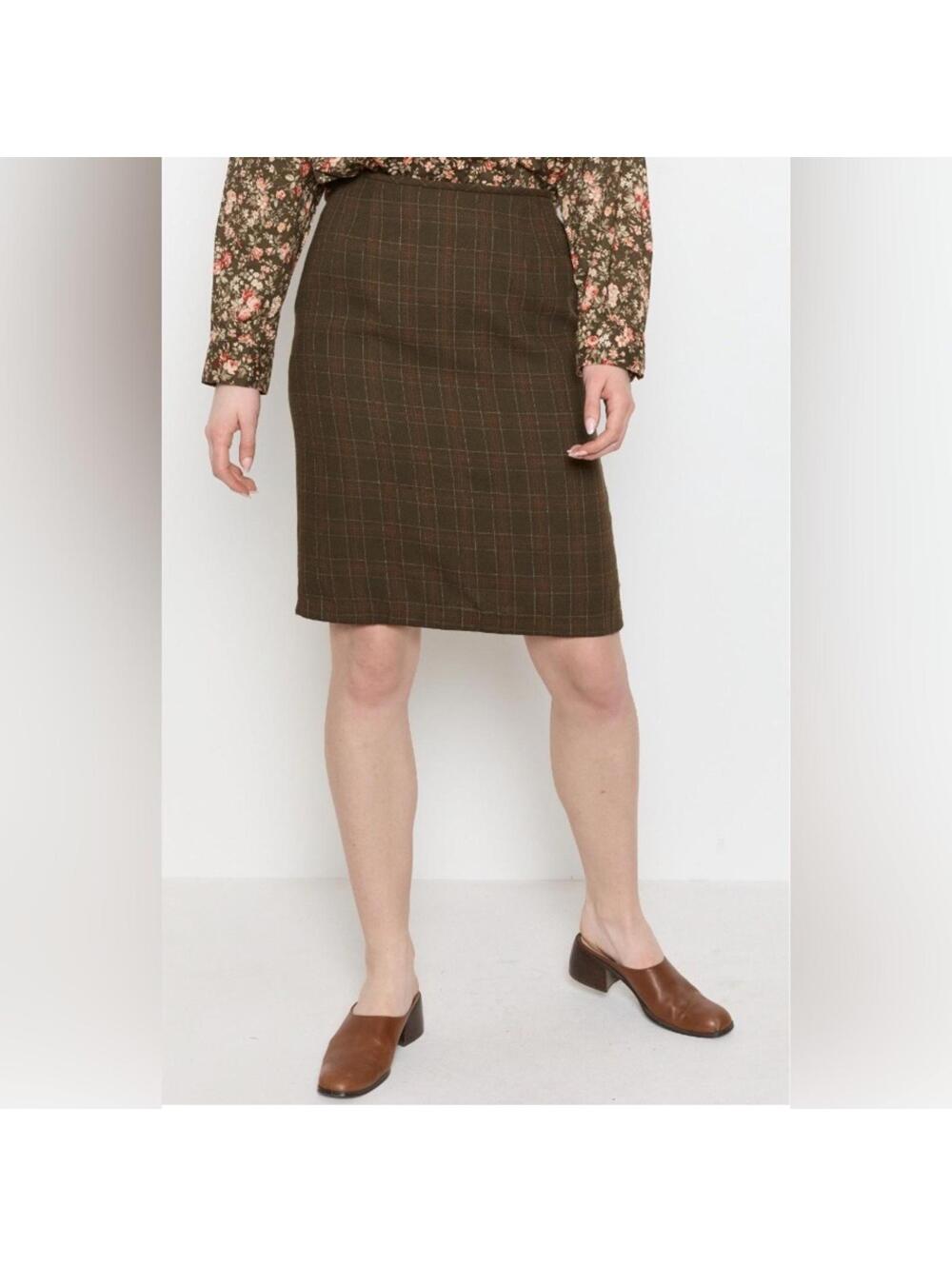 Haute De Gamme Plaid Pencil Skirt Women 12 Brown Workwear Midi